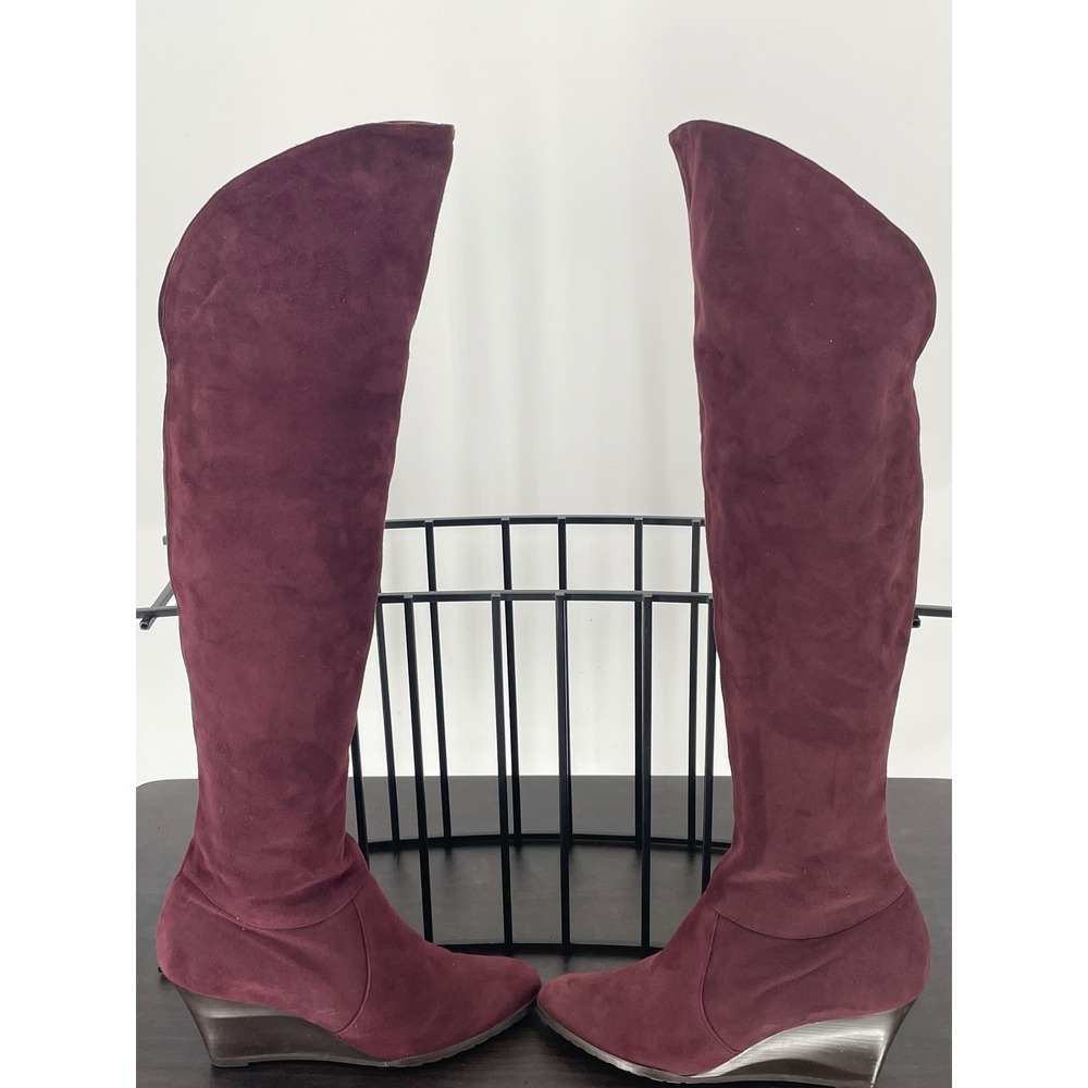 LK Bennett Plum Suede Over Knee Boots sz 39 8.5 Italian Leather Lined Wedge Heel